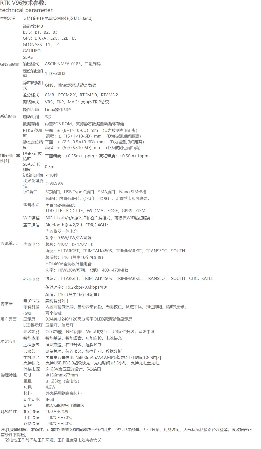 中海達(dá)V96智能RTK系統(tǒng)技術(shù)參數(shù)